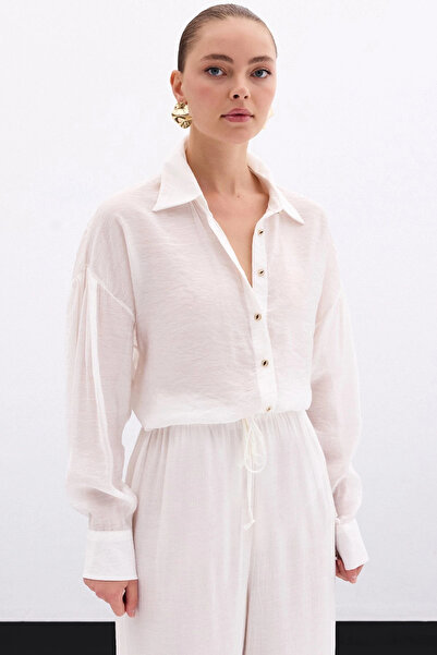 Sateen Slim Shirt with Button Accessories - Ecru