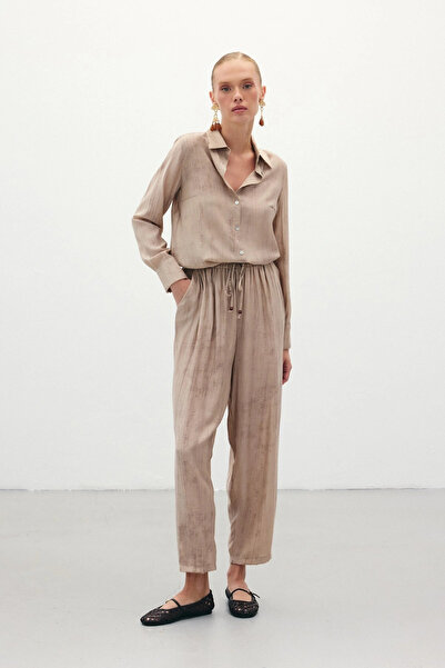 Sateen Sunken Patterned Trousers - Beige