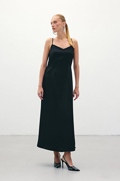 Sateen Long Satin Dress with Straps - Black