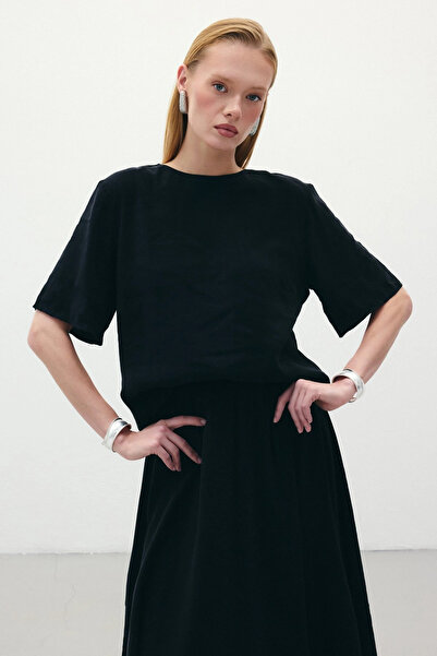 Sateen Short Sleeve Loose Blouse - Black