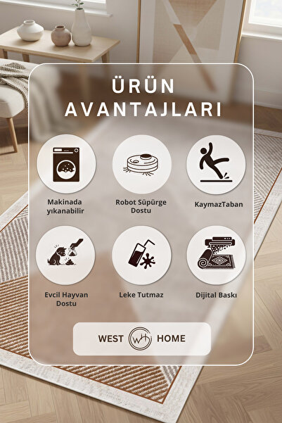 West Home Makinede Yıkanabilir Kaymaz Taban Leke Tutmaz Salon Halısı Mutfak Halısı ve Yolluk