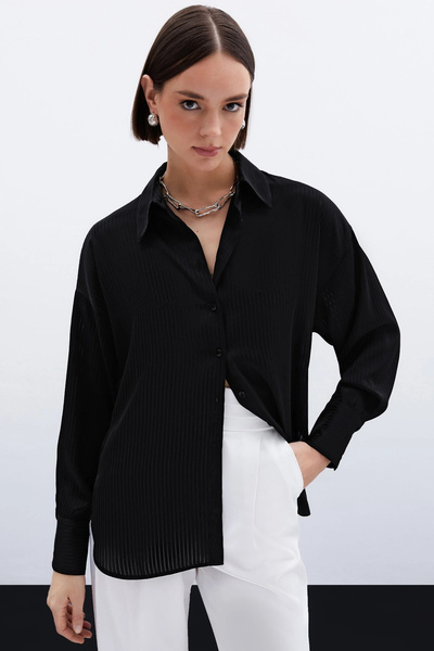 Sateen Self-Line Patterned Shirt - Black
