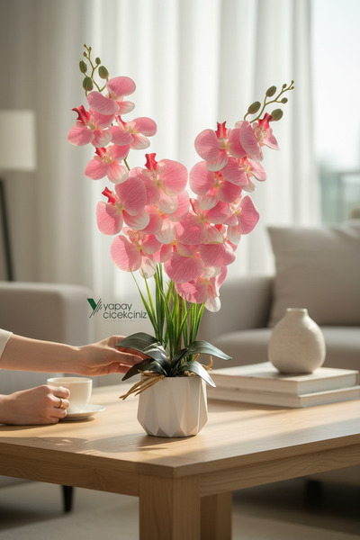 YAPAY ÇİÇEKÇİNİZ Beyaz Renkli Beton Saksıda 2 Dallı Islak Dokulu Yüksek Kalit...