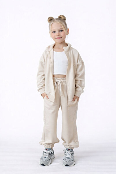 RAPAPA طقم رياضي بسحاب للبنات - لون بيج (مجموعة من 2) 0108