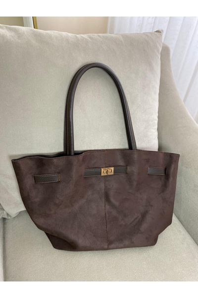 Brown Suede- Women's Bag with Shoulder and Strap with Faux Leather Belt Detail