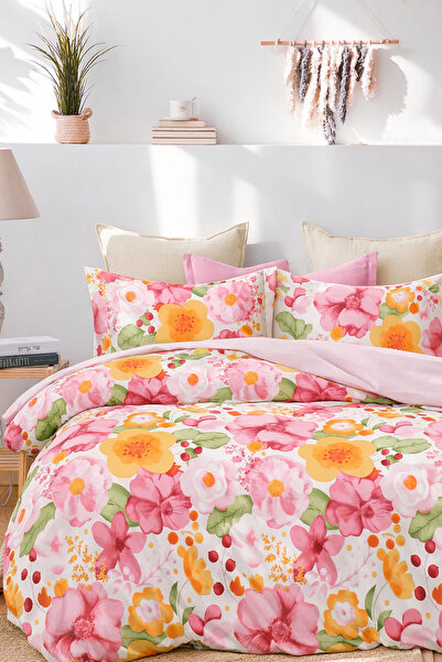 İQON Set lenjerie de pat cu cearșaf elastic dublu Lotus Somon