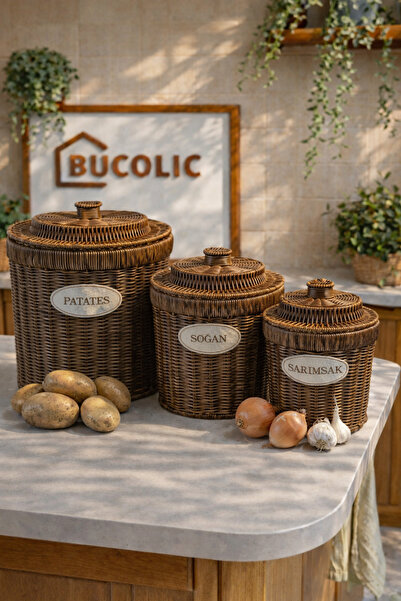 BUCOLIC 3’lü Rustik Rattan Saklama Sepeti Seti