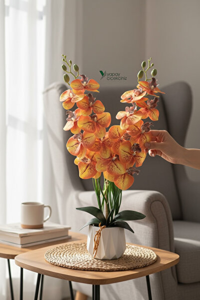 YAPAY ÇİÇEKÇİNİZ Beyaz Renkli Beton Saksıda 2 Dallı Islak Dokulu Yüksek Kalit...