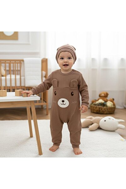 ALTINTAŞ BABY Baby Boy Ribbed Romper with Eared Teddy Bear Embroidered Beret