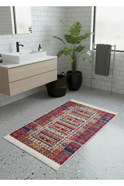 Dekoratif Paspas | Dokuma Tabanlı Etnik Desenli Yıkanabilir Baskılı Kaymaz Kilim Paspas 60x90 cm