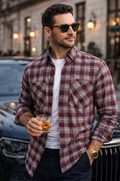 Varetta Cămașă de iarnă pentru bărbați, cu buzunare duble, roșu claret, clasi...