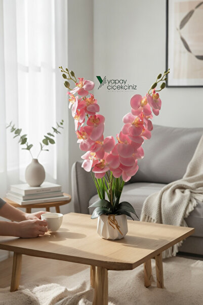 YAPAY ÇİÇEKÇİNİZ Beyaz Renkli Modern Saksıda 2 Dallı Islak Dokulu Yüksek Kali...