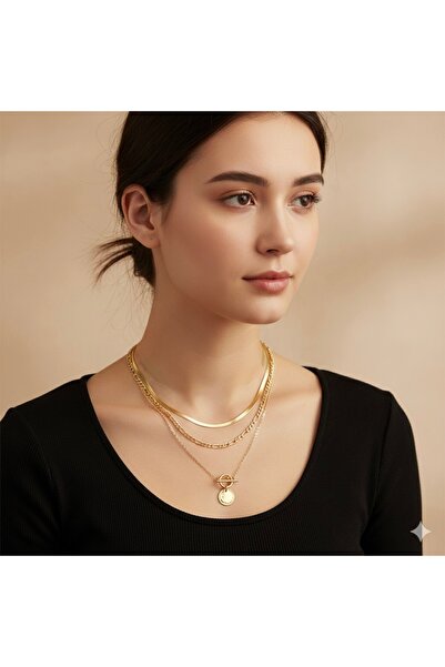 İthal قلادة فولاذية ثلاثية، لون ذهبي، مع تفاصيل سلسلة فيجارو وسلسلة مسطحة، وإ...