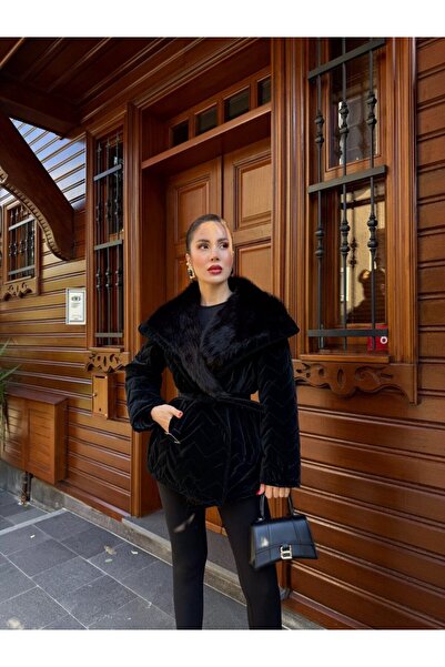 Lovely butik معطف نسائي بتصميم أسود اللون مصنوع من الألياف الفروية