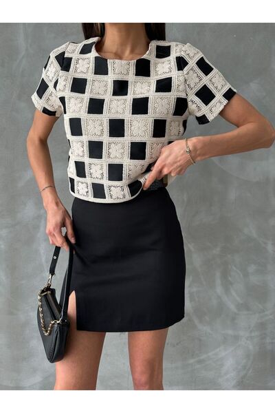 Caddebostan Moda Women's Short Sleeve Checkerboard Pattern Crochet Knit Detai...