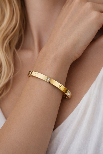 HERCY 316 L Paslanmaz Çelik Gold Renk Taşlı Çelik Kelepçe Bileklik | Çelik Bi...