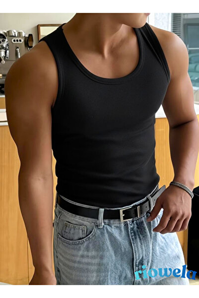 Riowela Erkek Tshirt Kolsuz Atlet Halter Yaka Likralı Pamuklu Beyaz