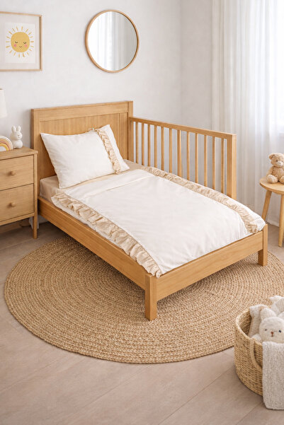 Piamom طقم غطاء لحاف مكشكش للأطفال مقاس 100x150 باللون الأبيض والبيج