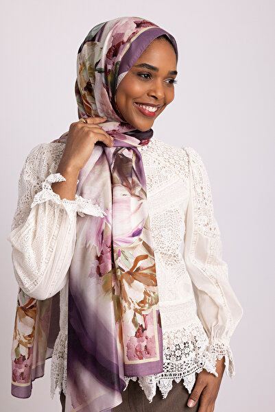 Ayshara Flower Line Collection Erguvan Curved Single-Sided Shawl