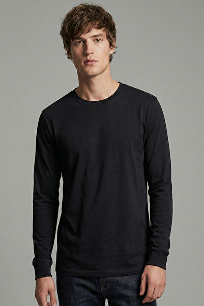 Çapıt Erkek Siyah Pamuklu Standart Kesim Sıfır Yaka Uzun Kollu Tişört