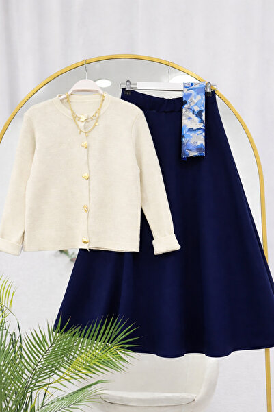 RFK Butik Women's Knitwear Gold Heart Cardigan Puff Scuba Skirt Set - White-N...