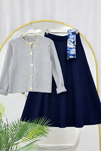 RFK Butik Women's Knitwear Gold Heart Cardigan Puff Scuba Skirt Set - Gray-Na...