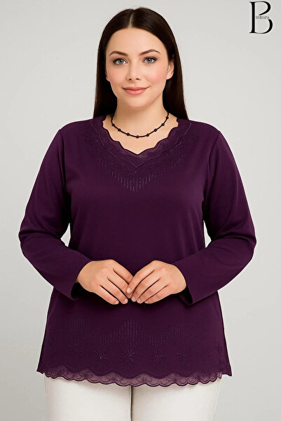 BURSPA Bluză din bumbac pieptănat pentru mama mov, cu decolteu în V, cu tiv ș...