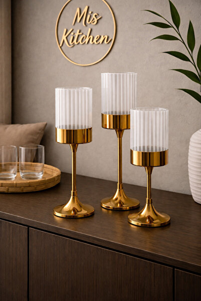 MİS KİTCHEN Altın Renk Metal Gövdeli Cam Şamdan 3’lü Set Salon Yemek Masası D...