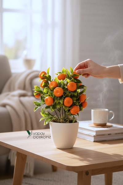 YAPAY ÇİÇEKÇİNİZ Beyaz Saksıda Yapay Mandalina Ağacı