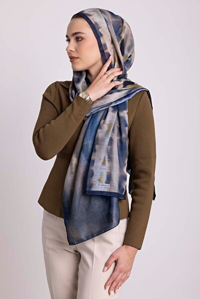 Ayshara Kadim Hatlar Collection Navy Blue Double-Sided Shawl