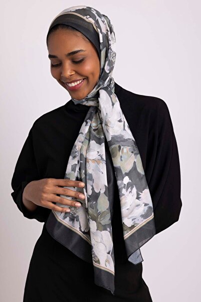 Ayshara شال ماهبيري منقوش بالزهور من جانب واحد - رمادي داكن أنثراسايت