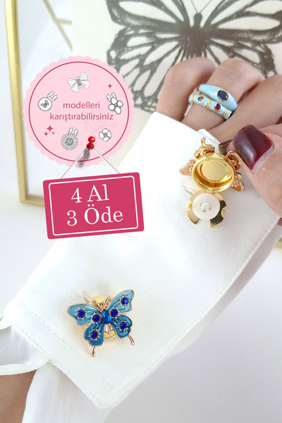 Norevia 4 Al 3 Öde Mavi Mineli Kelebek Model Lüks Yaka ve Kol Düğmesi Kapağı ...