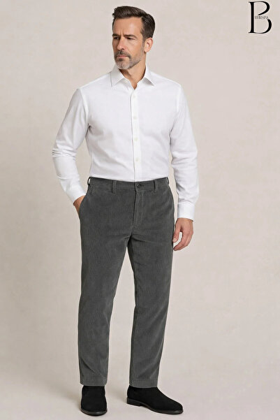 BURSPA Rahat Kesim Kışlık Içi Polarlı Gri Erkek Kadife Baba Pantolon