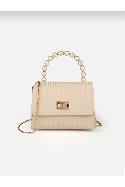 ÖZÜM TAKI Women's Pearl Handle Chain Strap Lock Cover Hand and Shoulder Bag C...