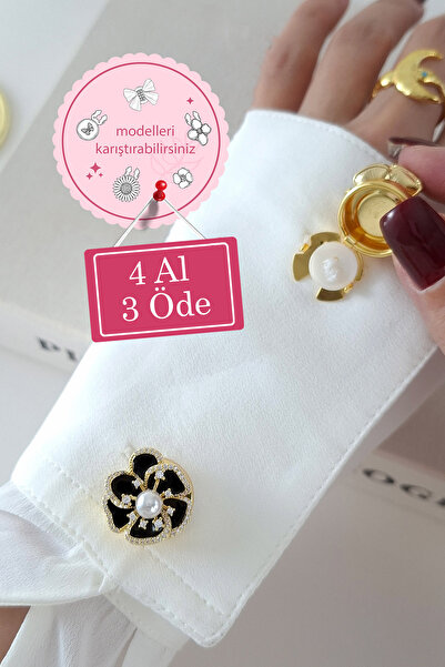 Norevia 4 Al 3 Öde Siyah Zarif İnci Detaylı Çiçek Figürlü Düğme broşu (1 adet)