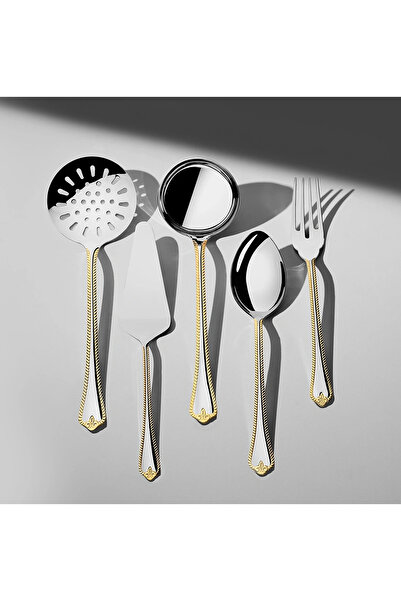 Nehir Fulya Altın Sade 5 Parça Paslanmaz Çelik Servis Takımı
