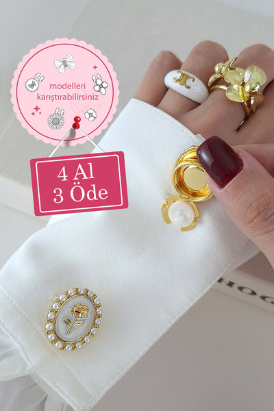 Norevia 4 Al 3 Öde Beyaz İncili Gül Desenli Düğme Kapağı ve Broşu (1 adet)