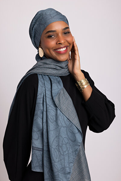 Ayshara شال شيبنيم هاتي مونوغرام منقوش ذو وجهين - رمادي أزرق