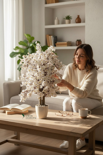 YAPAY ÇİÇEKÇİNİZ Yoğun Yapraklı 60 cm Yapay Sakura Bahar Dalı Ağacı