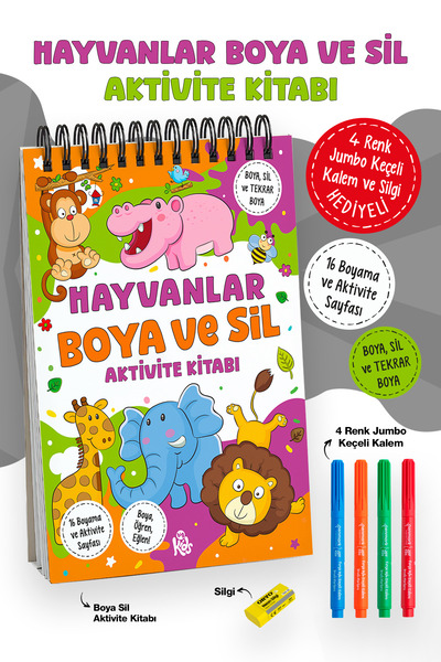 Parodi Yayınları Hayvanlar Boya ve Sil Aktivite Kitabı | 4 Renk Jumbo Keçeli ...
