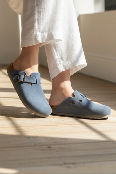 LAND OF CORK LC Anatomik Unisex Süet Deri Terlik Doğal Mantar Tabanlı, Ark De...