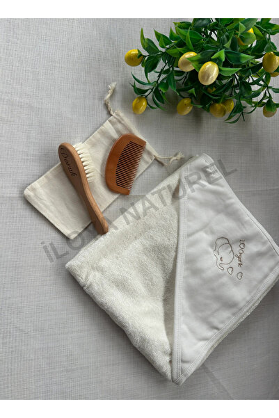 İloya Naturel Bebek Bornoz & Bakım Seti | Organik Pamuk Banyo Havlusu ve İsim...