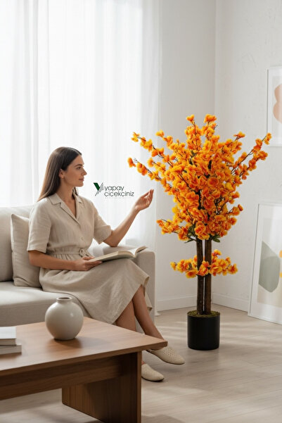 YAPAY ÇİÇEKÇİNİZ Gri Saksıda 100 Cm Turuncu Sarı Renkli Yapay Bahar Dalı Ağacı