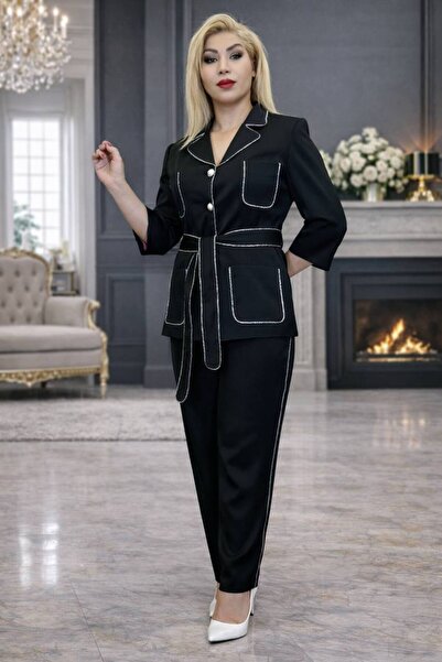 Yeşilmoda بدلة، بطانة، سترة وبنطلون، جيوب، حزام، أطلس ساتان، زر لؤلؤي، أسود، ...