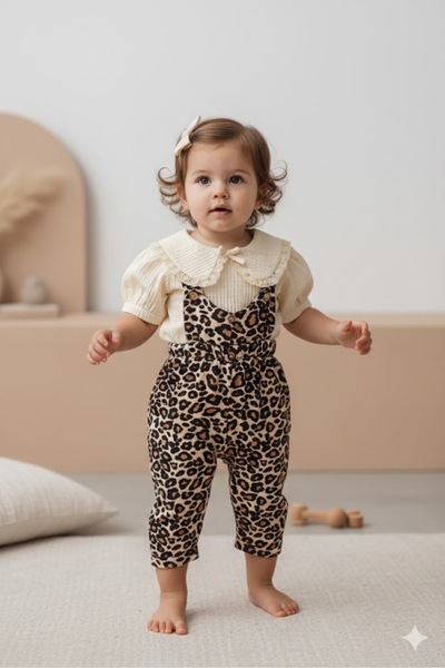 Noy Noy Antonella Kız Bebek Bebe Yaka Leoparlı Salopet Tulum Set ve elbise