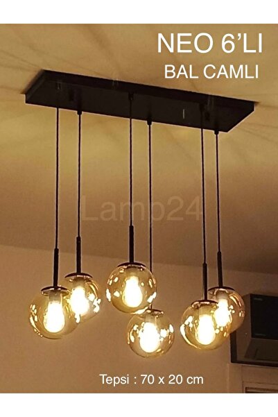 Lamp24 NEO SERİSİ BAL CAMLI 6’LI YEMEK MASASI AVİZESİ - SİYAH KASA VE BAL CAM