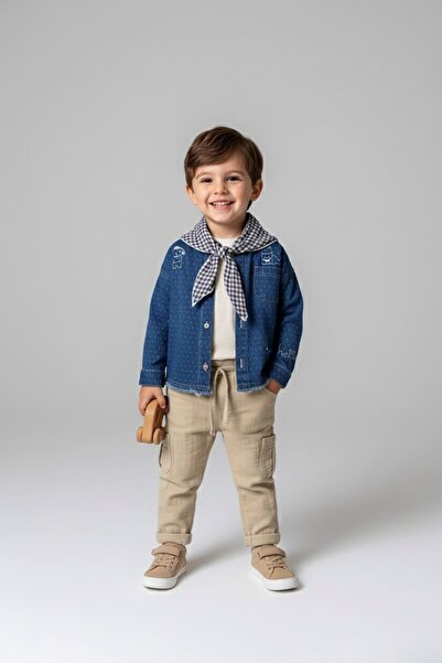 Minigimin Cicileri Cute Figured Denim Shirt 4-Piece Boys' Set - Light Blue