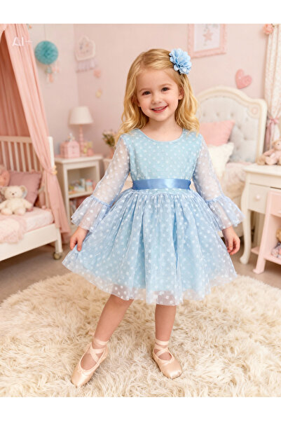 Lunas tekstil Рокля с папийонка, на точки, с бухнали ръкави от тюл