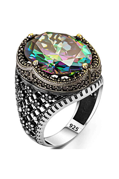Mavili Gümüş Mistik Topaz Taşlı Motif İşlemeli Gümüş Yüzük