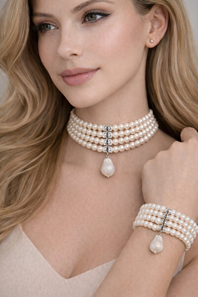 Chic Charms 4 Sıra Krem Renk Choker Cam İnci Kolye Ve Bileklik Takı Seti